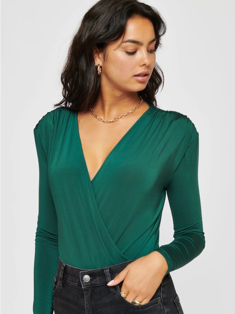 Dynamite Long Sleeve Slinky Wrap Bodysuit in Emerald Green Padded Shoulders